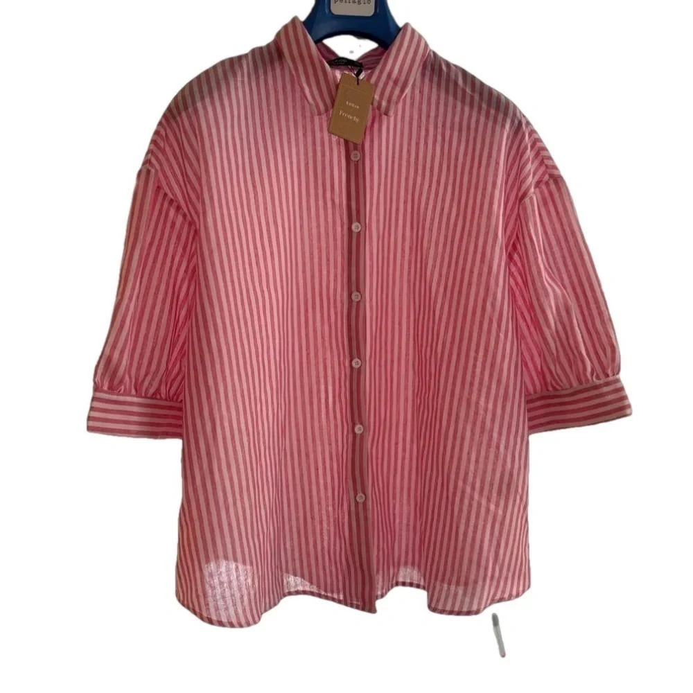 Shein Curve Pink White Stripe Blouse 1X NWT Button Front Short Sleeve